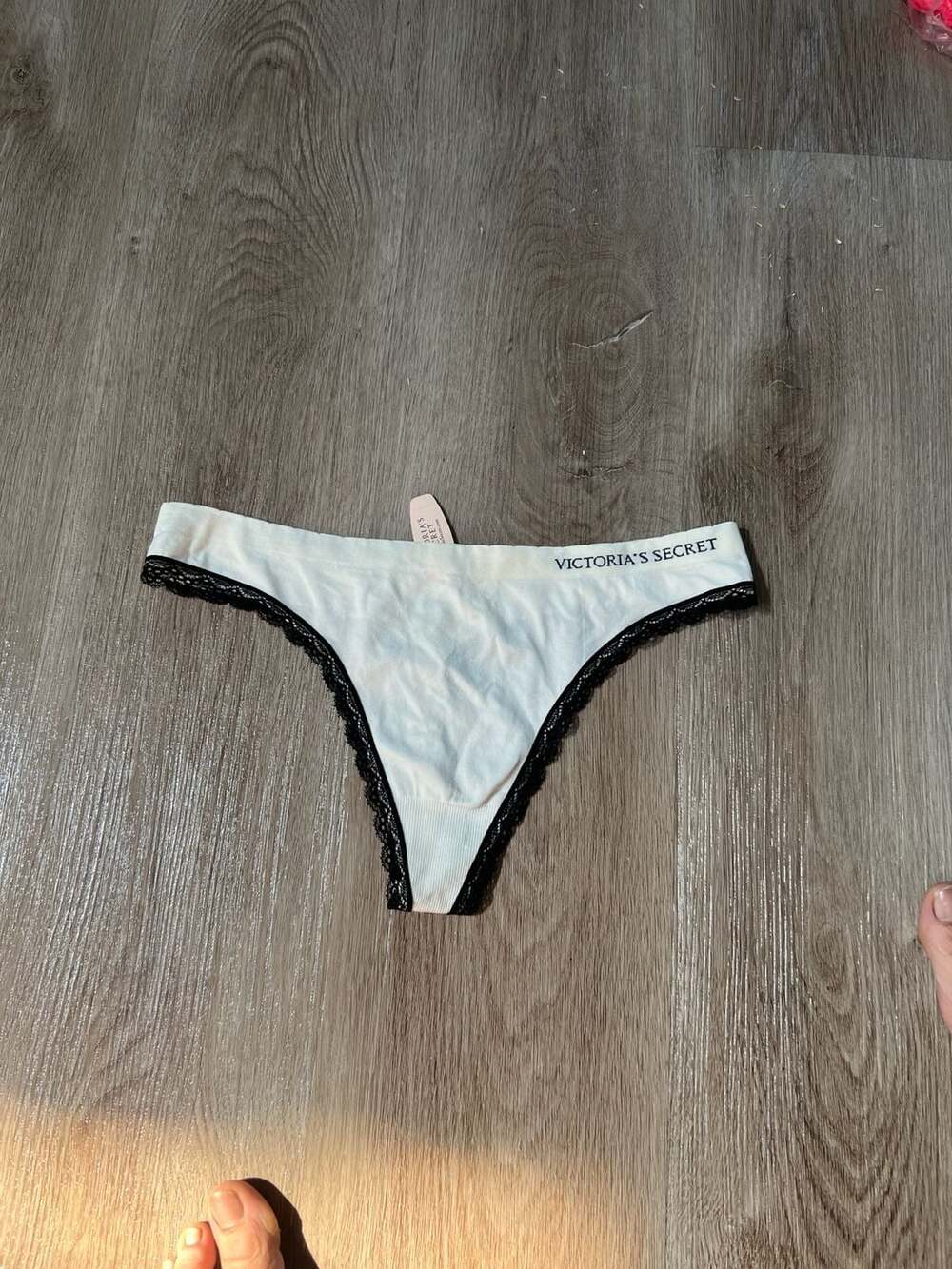 Victoria's Secret Ribbed Thong Panty with Lace Trim and Logo Waistband